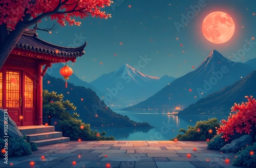 Chinese temple in the night with lights.
