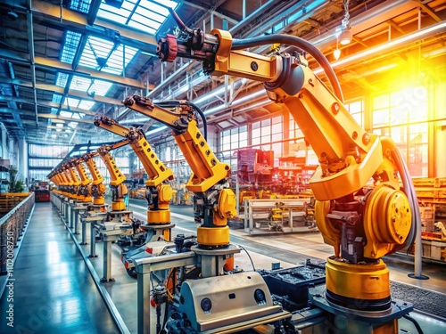 Vintage Style Photography of a High-Tech Automated Robot Arm in an Assembly Line Manufacturing Electric Vehicles at a Car Factory Emphasizing Digitalization and Innovation in Industry