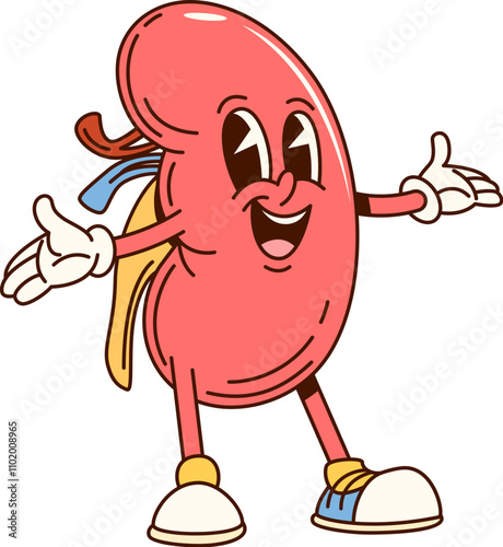 Groovy human kidney character. Isolated cartoon vector anatomical positive retro personage, internal body organ with smiling face. Medical education for kids, fun anatomy science, renal health care