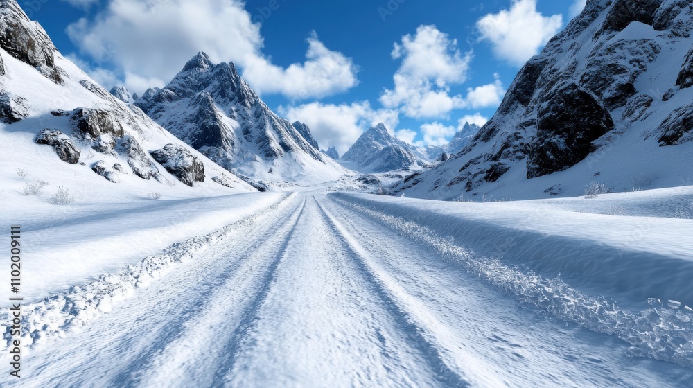 Obraz premium Snow-covered path extends into the vast wilderness, flanked by rugged mountains under a vibrant blue sky, offering a gateway to untouched winter beauty.