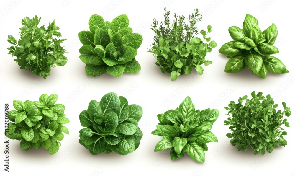 Vegetables, kitchen herb garden, 3d realistic vector set. Cilantro, lettuce, mint, rosemary, dill, basil, arugula, spinach