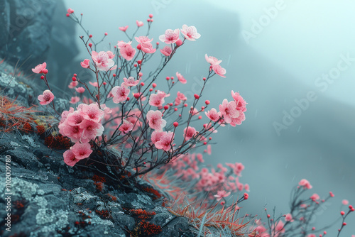 Beautiful pink cherry blossoms on a rock in the fog..,.     