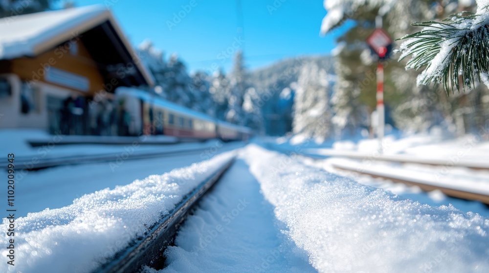 A close-up of snow-covered train tracks leading to a distant station with a blurred train and evergreen trees in the background on a bright winter day. A close-up of snow-covered train tracks leading to a distant station with a blurred train and evergreen trees in the background on a bright winter day.