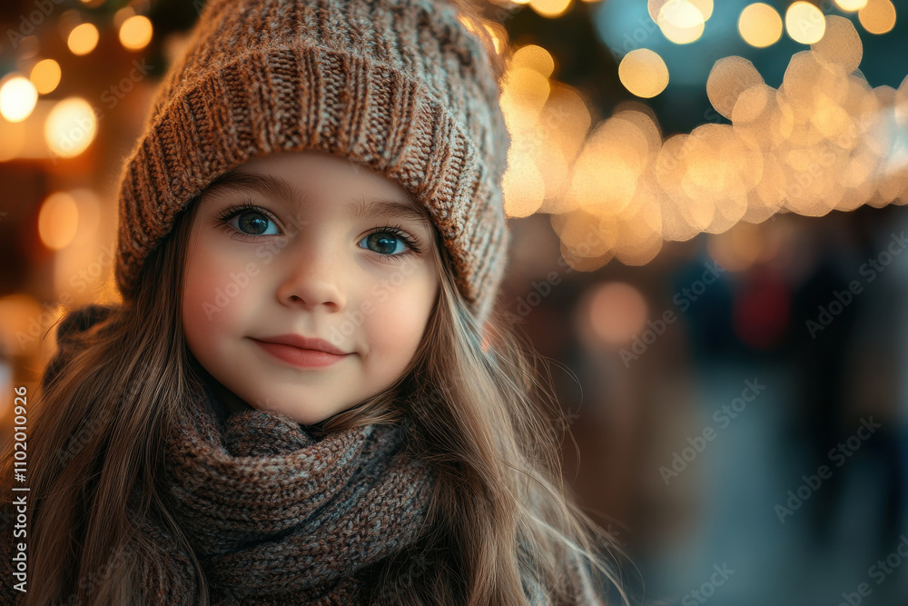 Portrait of little girl on Christmas fair. Child on Christmas event on blurred background. Generated AI Portrait of little girl on Christmas fair. Child on Christmas event on blurred background. Generated AI