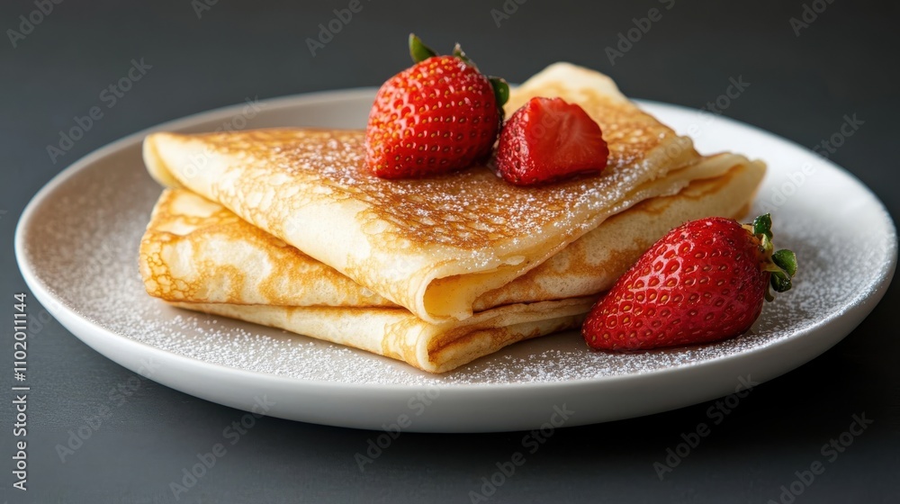 Two golden crepes folded on a white plate, adorned with vibrant strawberries and a sprinkle of powdered sugar, creating a delightful and joyful dessert experience. Two golden crepes folded on a white plate, adorned with vibrant strawberries and a sprinkle of powdered sugar, creating a delightful and joyful dessert experience.