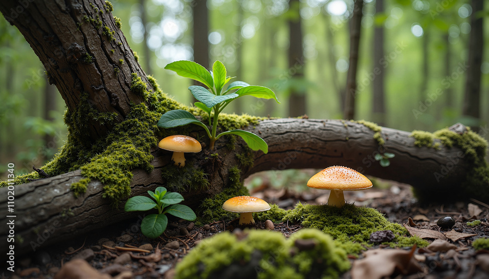 Mushrooms and green plants growing on a moss-covered log in a forest, tranquil natural setting, copy space Mushrooms and green plants growing on a moss-covered log in a forest, tranquil natural setting, copy space