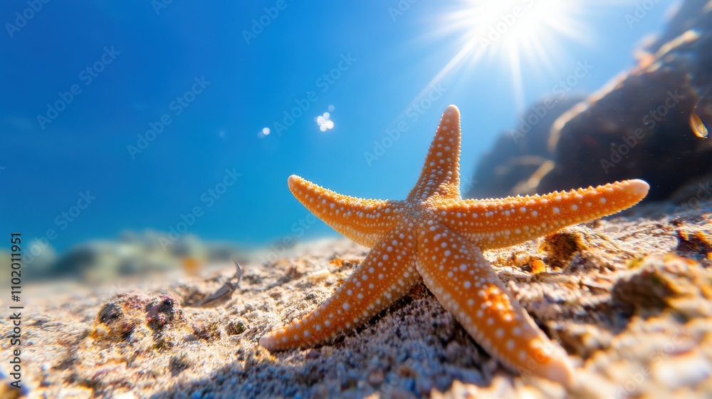 A starfish is beautifully illuminated by the sun's rays piercing through the clear sea, creating a dynamic interplay of light and marine textures and hues underwater. A starfish is beautifully illuminated by the sun's rays piercing through the clear sea, creating a dynamic interplay of light and marine textures and hues underwater.