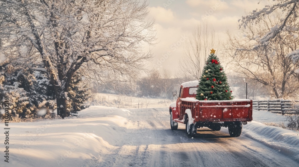 Snow-covered rustic red truck loaded with a Christmas tree drives through a peaceful winter road, surrounded by serene countryside. Snow-covered rustic red truck loaded with a Christmas tree drives through a peaceful winter road, surrounded by serene countryside.