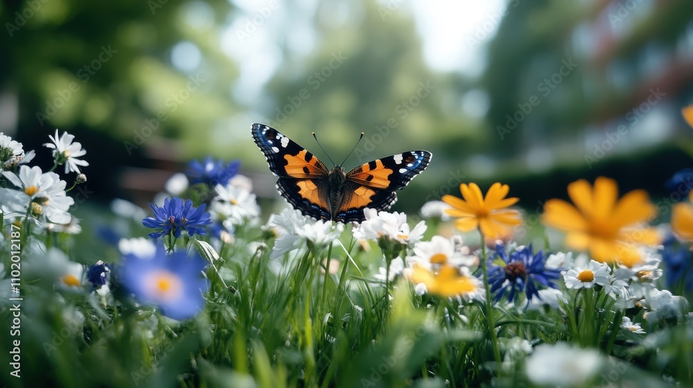 A striking butterfly rests on colorful wildflowers while trees blur in the background, creating an artistic capture of nature's vibrancy and tranquility in spring.