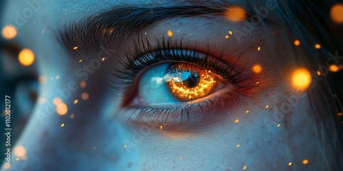 Close-Up of Eye Reflecting Neon Lights in Cityscape