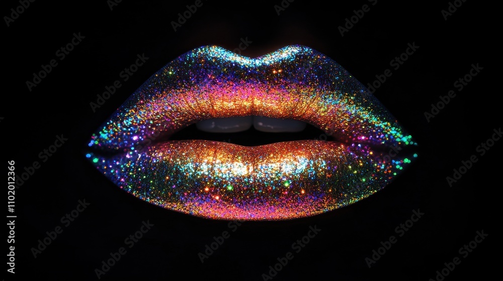 Naklejka premium Sparkling lips covered in vibrant glitter, reflecting captivating light and exuding glamor for a chic and stylish beauty vibe.