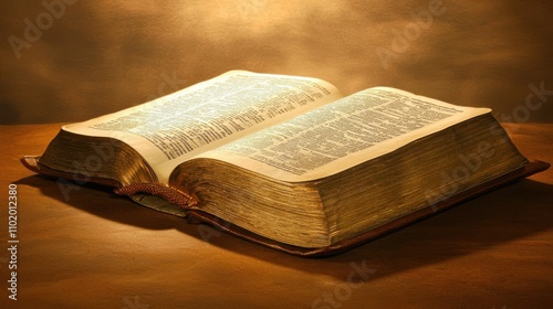 Close-up of open Bible on wooden table, sunlight illuminating sacred text, serene contemplative scene with ample copy space for text or design.