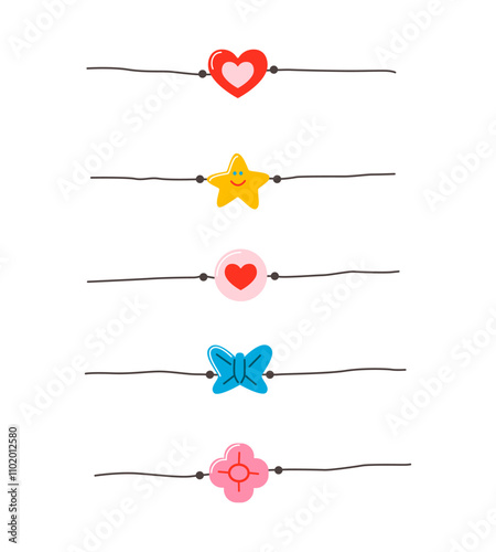 Friendship bracelet vector set. Handmade jewelry. Doodle illustration. 
