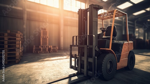 Forklift maneuvering unbalanced load in warehouse industrial setting photo