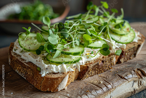 Healthy slice of bread with cucumber, cress and cream cheese