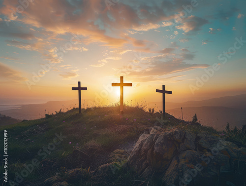 Three christian crosses on the mountain at sunrise, the crucifixion of Jesus Christ