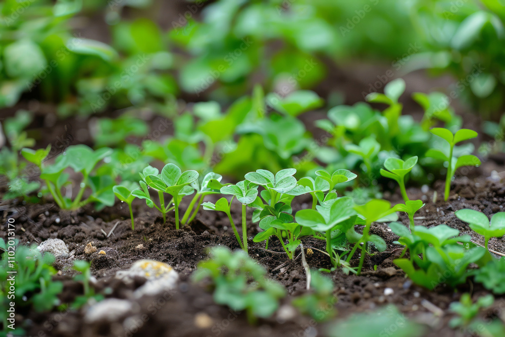 Fresh green plants on the field in spring. Rows of young plants. Fresh green plants on the field in spring. Rows of young plants.