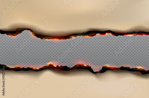 Burnt paper edges effect with fire. Borders with texture of burning scorched old paper pages with flame. Realistic brown parchment sheet on transparent background, vector illustration