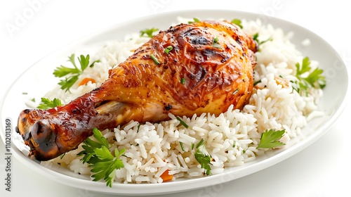 A single broasted chicken leg piece served on a bed of white fried rice, against a clean white transparent background photo