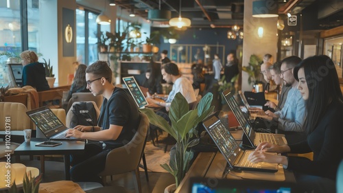 Busy cafe scene with people working on laptops, modern interior design.