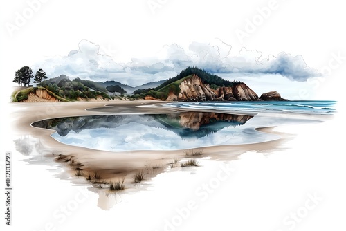 Calm reflection on a serene beach landscape oregon coast watercolor art coastal environment nature perspective