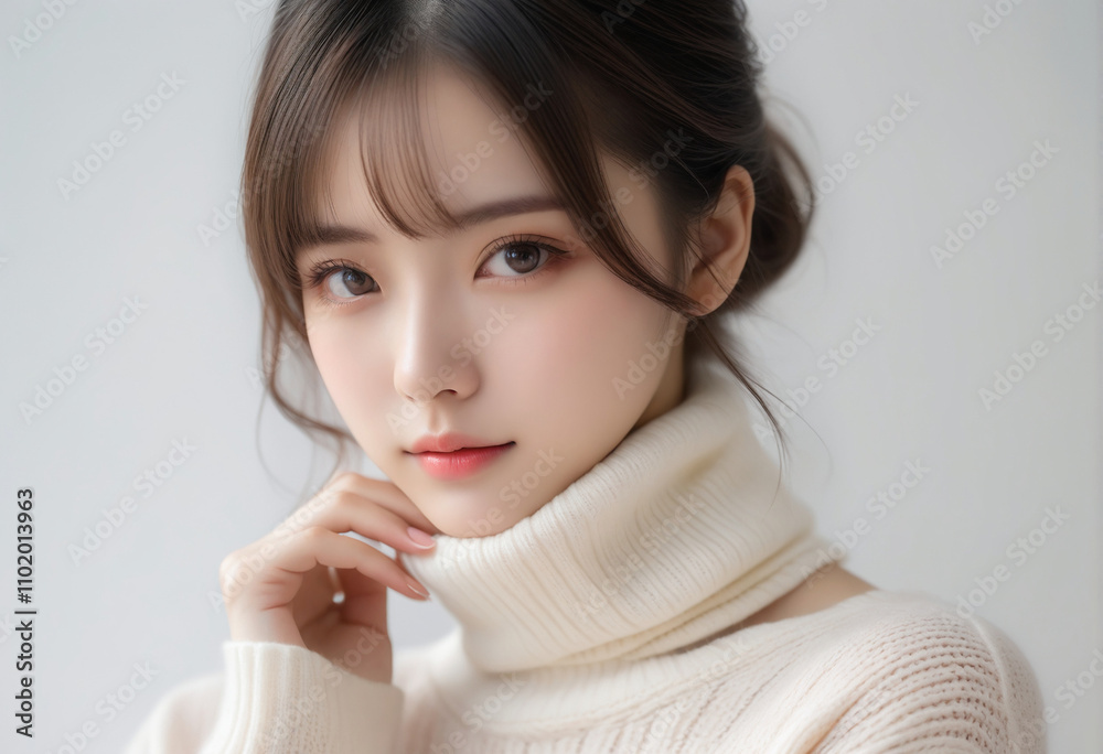 Beauty portrait of a beautiful young woman in a turtleneck sweater. Beautiful bare face, winter image. タートルネックのセーターを着た美しい若い女性の美容ポートレート。美しい素顔、冬のイメージ。 Beauty portrait of a beautiful young woman in a turtleneck sweater. Beautiful bare face, winter image. タートルネックのセーターを着た美しい若い女性の美容ポートレート。美しい素顔、冬のイメージ。