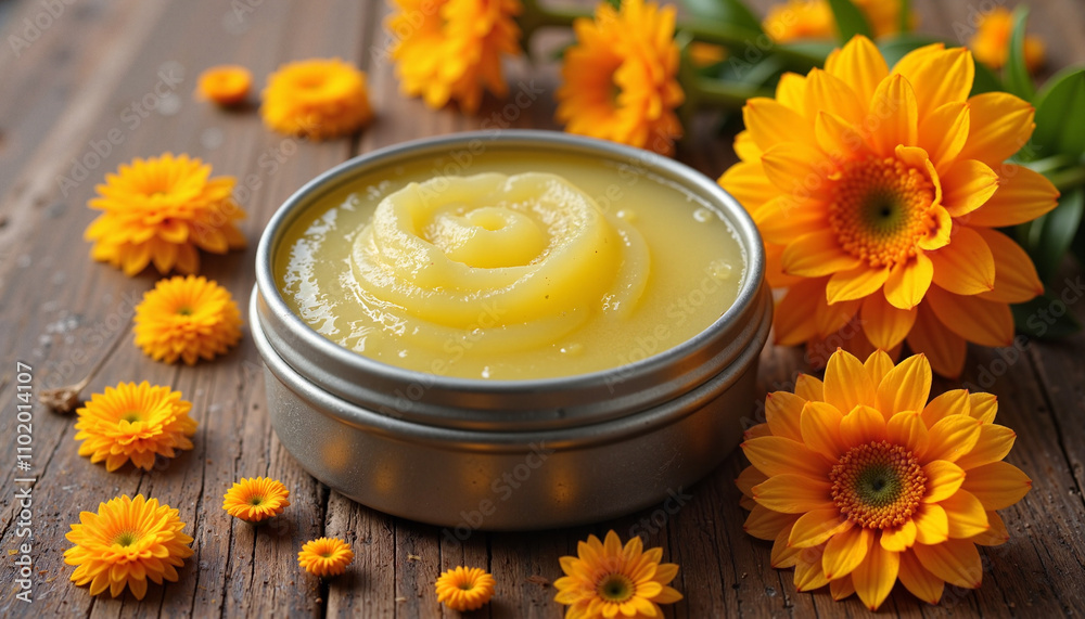 Calendula cream in tin surrounded by fresh yellow flowers Calendula cream in tin surrounded by fresh yellow flowers