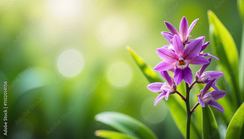 Graceful purple orchid blossoms with soft green bokeh background and copy space
Graceful purple orchid blossoms with soft green bokeh background and copy space