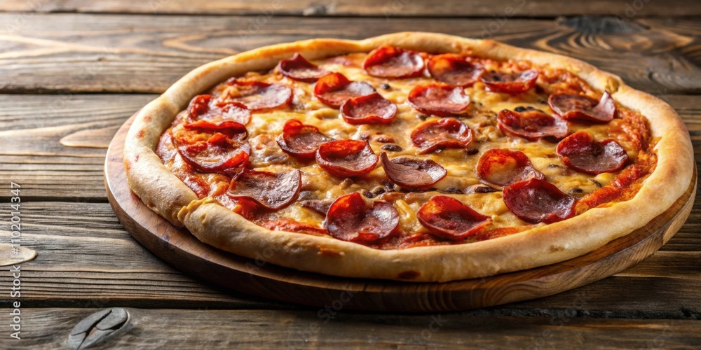 Delicious homemade pizza with bacon and pepperoni toppings on a wooden table , pizza, homemade, bacon, pepperoni, cheese, tasty Delicious homemade pizza with bacon and pepperoni toppings on a wooden table , pizza, homemade, bacon, pepperoni, cheese, tasty