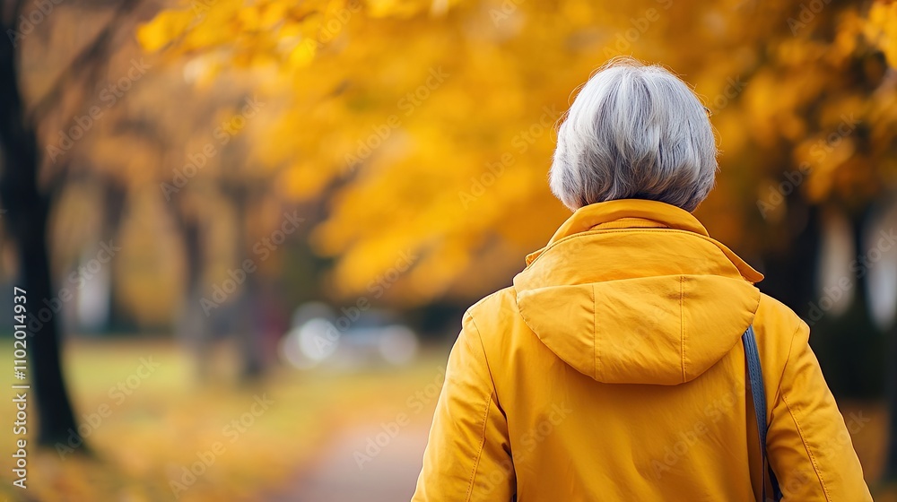 A person in a yellow coat walks through a park with autumn foliage. A person in a yellow coat walks through a park with autumn foliage.