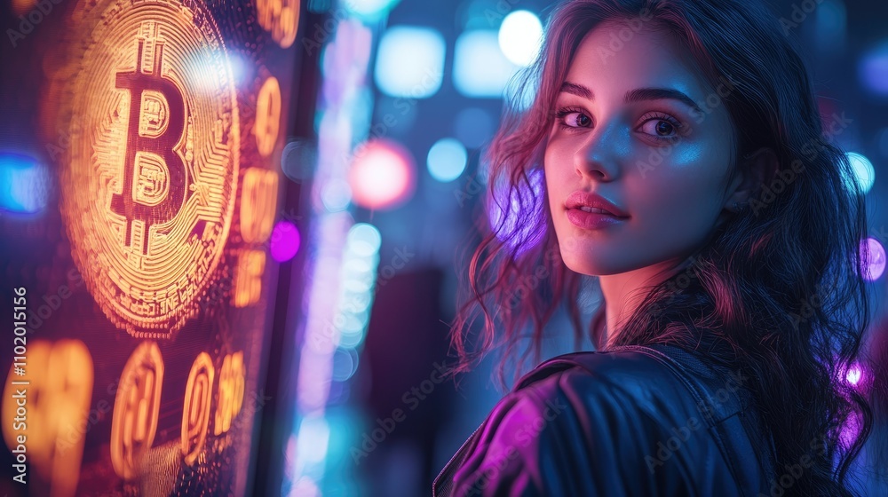 Woman standing near a neon bitcoin sign at night. Woman standing near a neon bitcoin sign at night.