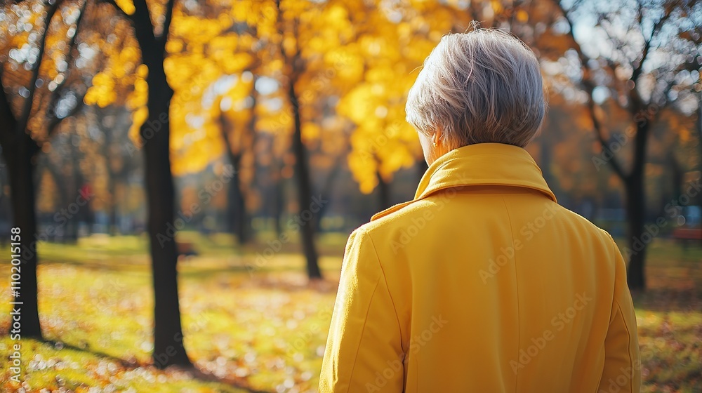 A woman in a yellow coat stands in a park surrounded by autumn foliage. A woman in a yellow coat stands in a park surrounded by autumn foliage.