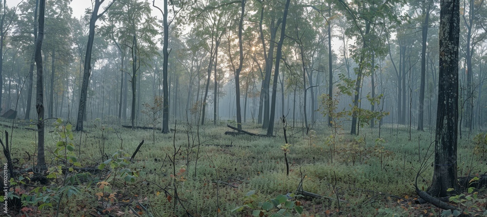 Obraz premium Misty dawn in the forest sunlight filtering through trees with a carpet of fallen leaves