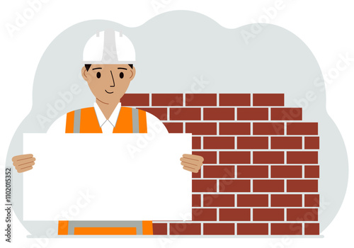 Builder man holding a white sheet of paper for text. Brickwork next to him. Vector flat illustration