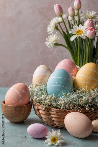 Pastel colored easter eggs in basket with spring flowers. (Generative AI)