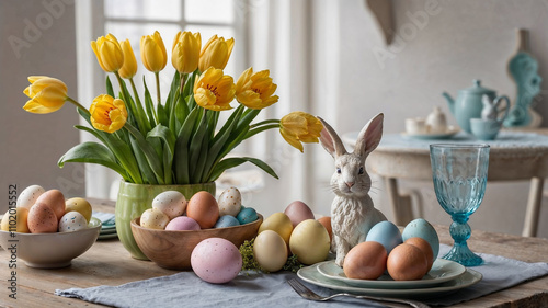 Easter table setting with bunny figurine and yellow tulips. (Generative AI)