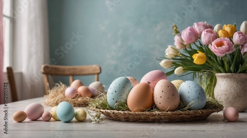 Easter eggs and tulips decorating a table. (Generative AI)