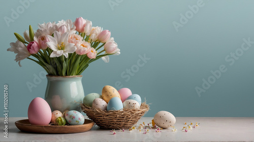 Easter eggs and pink and white tulips celebrating easter or springtime. (Generative AI)