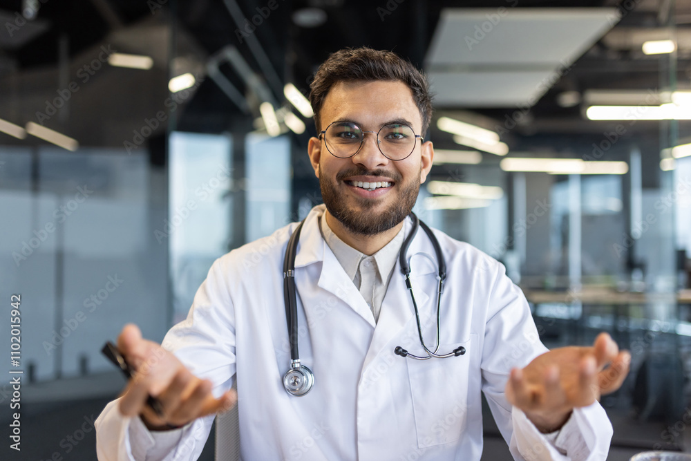 Doctor smiling during video call in modern office setting, wearing a stethoscope, conveying approachability and professionalism. Perfect for healthcare and telemedicine concepts. Doctor smiling during video call in modern office setting, wearing a stethoscope, conveying approachability and professionalism. Perfect for healthcare and telemedicine concepts.