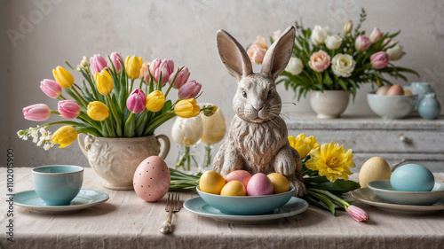 Easter table setting with bunny statue, colorful eggs, and spring flowers decorating a festive table. (Generative AI)