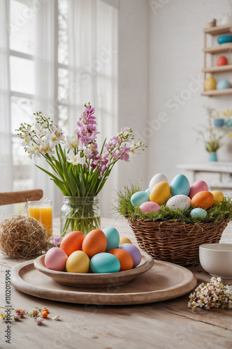 Easter eggs and spring flowers decorating a dining table. (Generative AI)