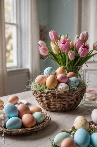 Easter eggs and pink and yellow tulips decorating a table in a bright room. (Generative AI)
