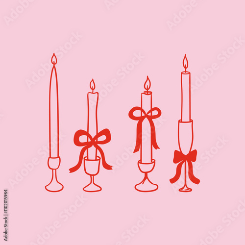 Candles with bows in retro sketch style. Vector outline illustration of candlesticks and ribbons. Holiday clipart in vintage coquette aesthetic