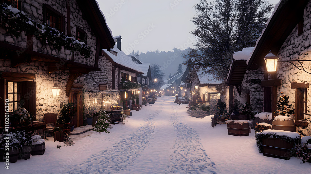 Fototapeta premium Narrow Snow-Covered Cobblestone Street in an Alpine Town – A Picturesque Winter Scene Full of Charm and Tranquility