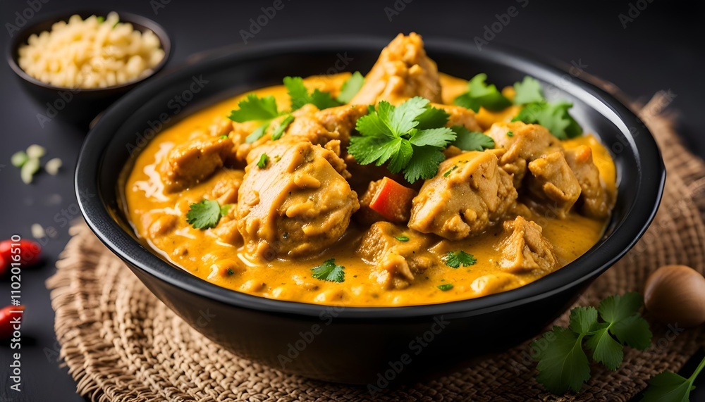 Chicken Korma on a black bowl. Traditional Indian food. Selective focus.
Chicken Korma on a black bowl. Traditional Indian food. Selective focus.