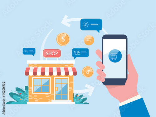 business online shopping store and online payment with mobile application concept. flat vector illustration.
