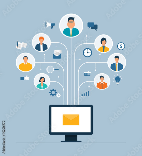 flat vector illustration business email marketing connection to online people concept.
smart working with online meetings  and business teams working from anywhere with internet wireless technology.
