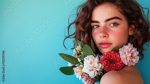 A young woman with flowers against a vibrant blue background.