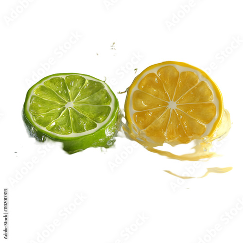 Falling lemon on water splash isolated on transparent and white background. PNG cutout. falling lemon, lemon splash, water splash, citrus fruit, transparent background, white background, fresh lemon,