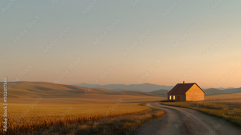 Fototapeta premium Peaceful Rural Landscape at Dusk with a Winding Dirt Road – A Serene Evening Scene of Tranquility and Natural Beauty